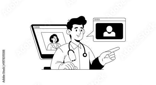 Male physician wearing stethoscope consults patient remotely via video call on computer screen, pointing finger, speech bubble with user icon, clean line art style, monochrome