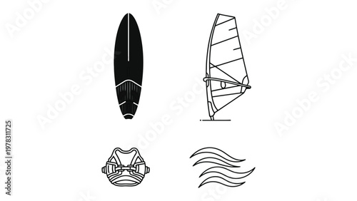 Windsurfing Essentials: An illustration showcasing key elements of windsurfing, with a sleek, black surfboard and a detailed windsurfing sail, set against a pristine backdrop.
