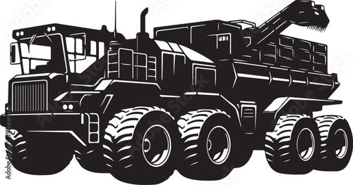 Black, heavy-duty, industrial truck vector, construction vehicle icon, large excavator transporter