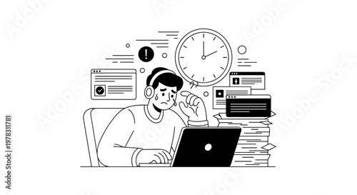 Overwhelmed person wearing headphones, stressed by deadlines and excessive paperwork, staring at a laptop screen with multiple browser windows and a large stack of documents,