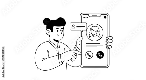 Person holding smartphone displaying incoming call interface with user profile picture and call buttons, simple line art style, clean shapes, monochrome palette, representing