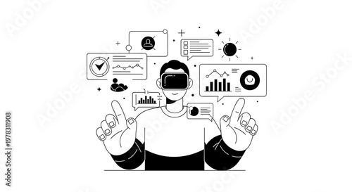 Person wearing virtual reality headset interacts with futuristic data dashboards displaying charts, graphs, and user icons, symbolizing digital innovation and immersive technology