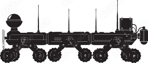 Robotic rover vehicle, space exploration equipment, futuristic technology, black illustration