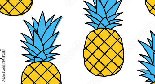 Seamless Tropical Pineapple Pattern with Blue Leaves and Yellow Body on White Background - Modern Flat Design Illustration