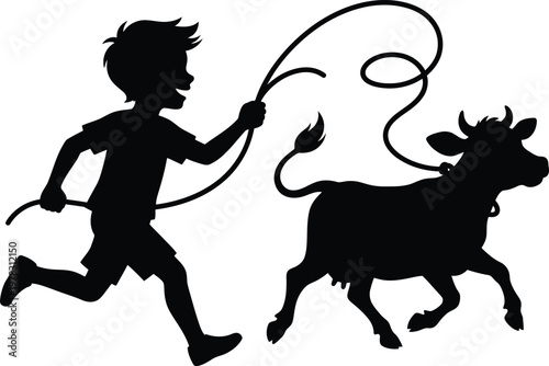 Boy chasing cow with lasso silhouette, cowboy trying to catch animal, rural scene with livestock and child playing, farm concept.