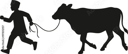 Boy leading cow on rope silhouette, child walking with animal, farm concept, rural lifestyle, outdoor activity.
