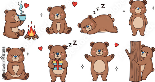 Cute teddy bear daily life vector set featuring sleeping, eating, hugging and playful poses in adorable cartoon style isolated on clean background