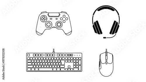 Gaming Essentials: A collection of essential gaming tools in a clean, minimalist style. From controller to keyboard, this graphic set provides everything a gamer needs for an immersive experience.