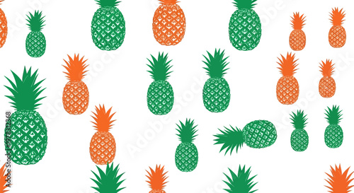 Stylized Pineapple Fruit Pattern, Minimalist Tropical Graphic Background in Green and Orange Colors for Textile and Packaging