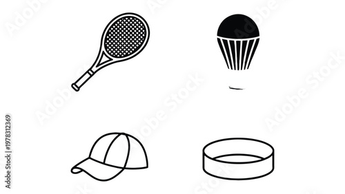 Sports Icons: A collection of simple, elegant line drawings showcasing essential sports equipment, perfect for conveying athleticism and activity.