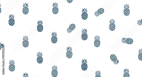 Blue Hand-Drawn Pineapple Seamless Pattern on White Background, Tropical Fruit Wallpaper in Denim Style