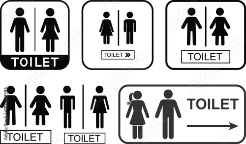 Toilet signs with male and female icons set in different styles and colors, including directional arrows, isolated on white background, perfect for restroom signage and public guidance.
