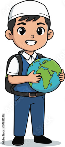 Young Muslim Student Boy in Uniform Holding World Globe for Global Education Learning