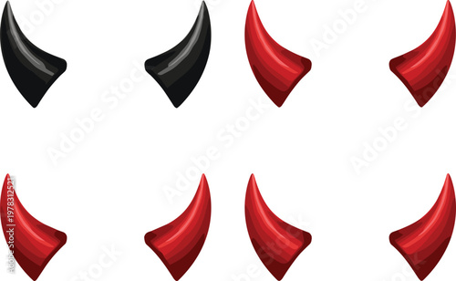 Devil horn vector set featuring red and black curved horns in glossy cartoon style isolated on clean background for fantasy character design