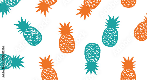Stylized Pineapple Pattern Background with Teal and Orange Tropical Fruit Illustration