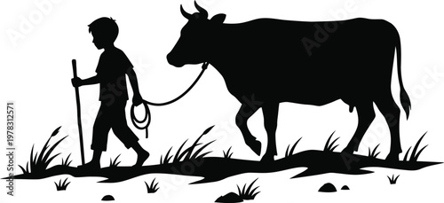 Rural boy walking with cow silhouette in countryside landscape with grass and stones for traditional pastoral farming and nature themed design.