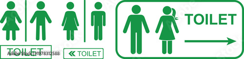 Toilet signs with male and female icons set in different styles and colors, including directional arrows, isolated on white background, perfect for restroom signage and public guidance.