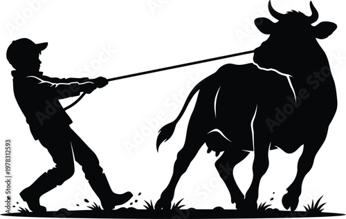 Silhouette boy leading cow across grassy field, farm animal, rural scene, vector illustration, clean design, full body, day.