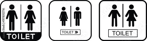 Toilet signs with male and female icons set in different styles and colors, including directional arrows, isolated on white background, perfect for restroom signage and public guidance.