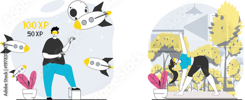 A cheerful man playing a video game with colorful and futuristic settings