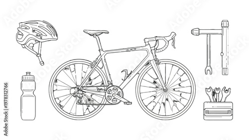 Cycling Equipment Illustration: A detailed outline of essential cycling gear, showcasing a sleek road bicycle alongside accessories like a helmet, water bottle, and repair tools.
