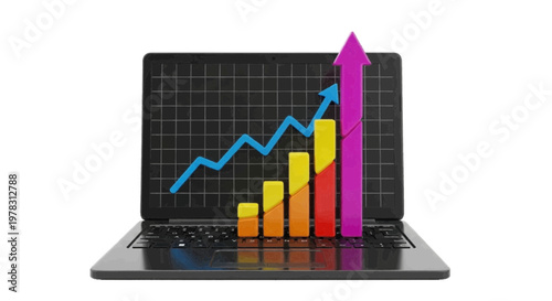 Vector illustration of 3d render of a laptop with a rising bar chart and line graph on screen on a transparent background