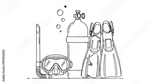 Dive Gear: A collection of essential scuba diving equipment, including a tank, mask, snorkel, and fins, stands ready for an underwater adventure. 