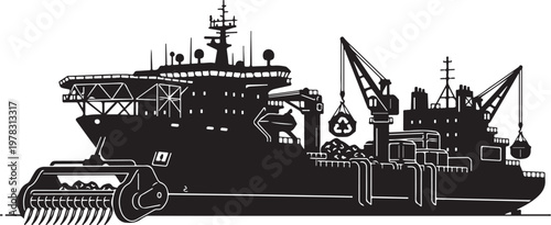Industrial Offshore Supply Ship, Cargo Vessel, Crane Boat, Black Vector Illustration