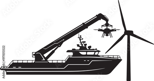 Industrial boat, crane, and drone near wind turbine, black vector icons, industrial equipment, renewable energy