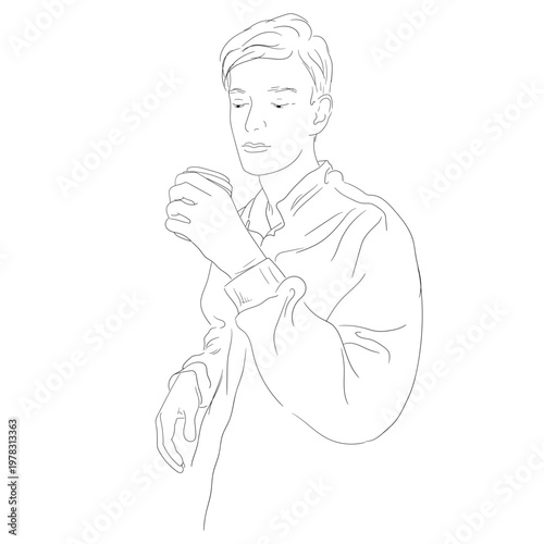 Young man drinking coffee from paper cup, hand-drawn sketch. Vector illustration. Guy on the street drinking coffee, drawing is isolated on a white background. Concept of street food, takeaway food