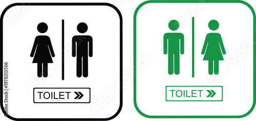 Toilet signs with male and female icons set in different styles and colors, including directional arrows, isolated on white background, perfect for restroom signage and public guidance.