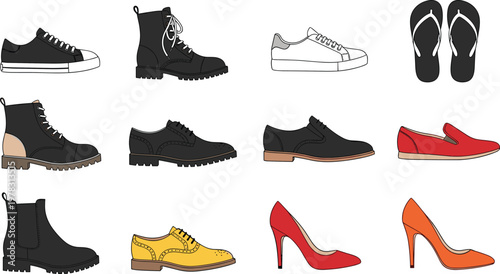 Footwear vector collection featuring sneakers, boots, heels and sandals in modern fashion style isolated on clean background for apparel design