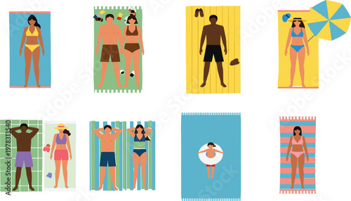 Summer Beach Vacation Icon Set with People Relaxing on Towels, Sunbathing, and Umbrellas for Holiday and Travel Illustrations
