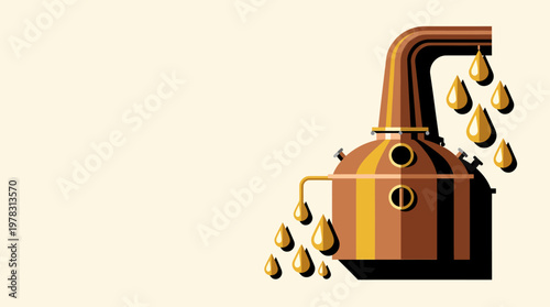 Bourbon Still Flowing Golden Drops for Craft Distillation, Flat Vector Art Isolated Illustration.