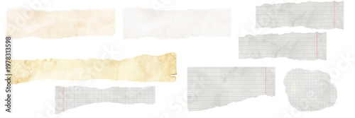 Torn paper, torn pages of a notebook or school notebooks, pens and paper clips. Watercolor illustration. A set of torn pieces of paper with crumpled and uneven edges, isolated on a background