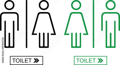 Toilet signs with male and female icons set in different styles and colors, including directional arrows, isolated on white background, perfect for restroom signage and public guidance.