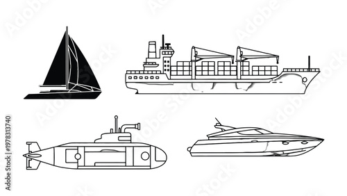 Maritime Vessels: A collection of diverse maritime vessels, including a sailboat, cargo ship, submarine, and yacht, rendered in a clean, modern illustration style.