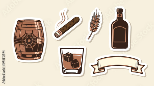 Wooden barrel, smoking cigar, barley stalk, bottle, and glass with ice cubes