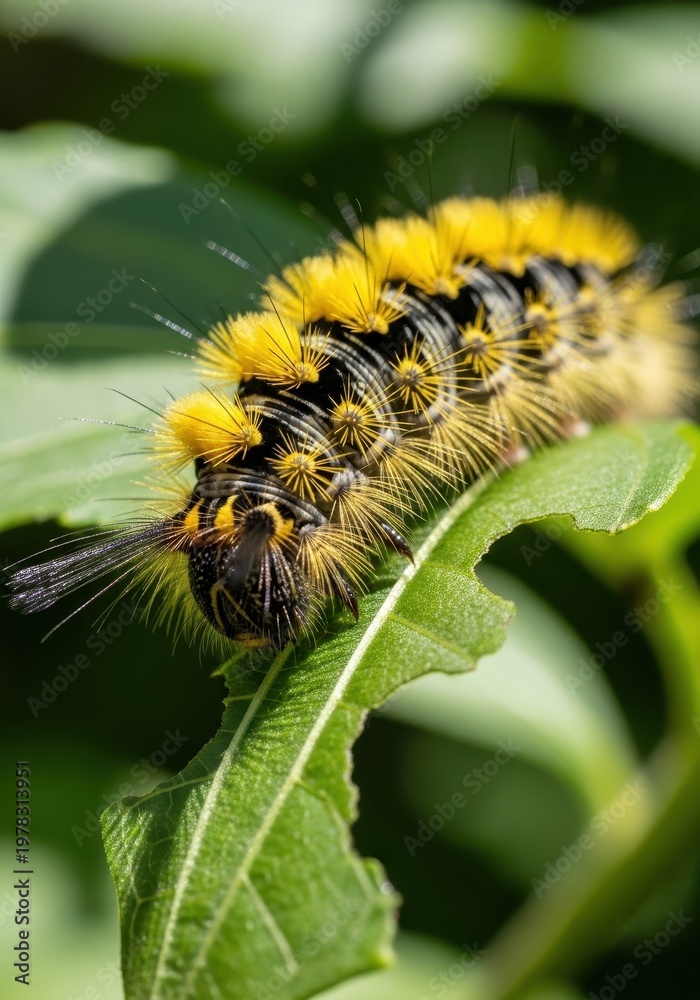 Fototapeta premium Colorful Caterpillar with Black and Yellow Spikes on Green Leaf