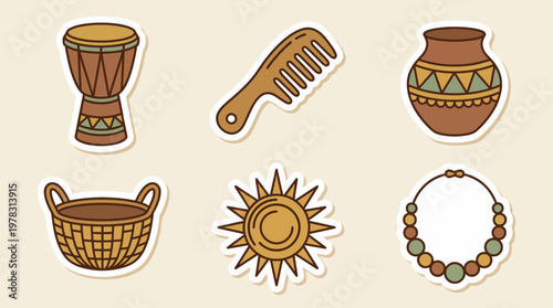 African drum, woven basket, sun symbol, and beaded necklace icons with patterned pot and wooden comb, vibrant earthy tones, flat illustration, cultural celebration elements