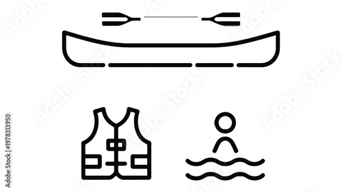 Canoeing Elements Illustrated: A minimalist illustration features a canoe, paddle, life vest, and person in the water, essential equipment representing outdoor water sport.