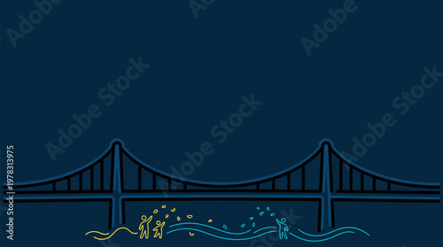 Stylized figures toss offerings into water near bridge
