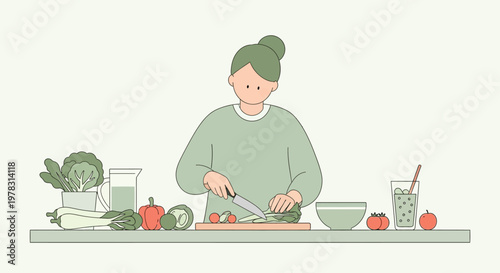 Healthy Culinary Creation: A person expertly chops fresh vegetables at a kitchen counter. A vibrant display of wholesome ingredients, highlighting the pleasure of culinary activity.