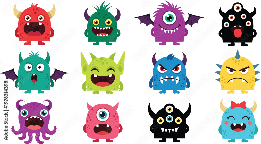 Fototapeta premium Vector Set of Cute and Colorful Cartoon Monsters with Various Features Like Multiple Eyes, Horns, and Wings