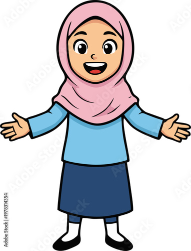 Smiling Cartoon Muslim Girl Wearing a Pink Hijab with Open Arms Symbolizing Welcome and Diversity for Educational Content and Marketing