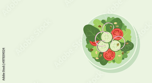 Fresh Garden Salad: A vibrant garden salad presented on a green plate, composed of crisp greens, juicy tomatoes, cool cucumbers, and flavorful onion rings, offering a visual delight.
