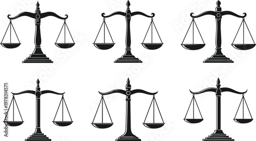 Vector Set of Scales of Justice Illustrations in Black and White, Symbolizing Law and Legal Balance