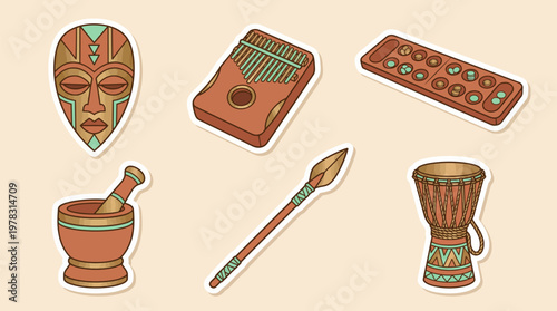 African tribal mask, kalimba, Mancala board, mortar and pestle, spear, and drum with patterned details, representing culture and tradition, flat illustration, warm earth tones.