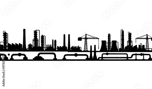 Modern industrial cityscape silhouette banner with refinery and power plant vector isolated on white