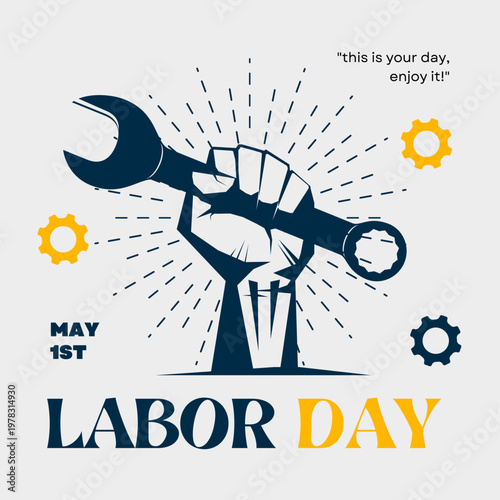 Vector graphic illustration featuring a strong fist holding a wrench for labor day